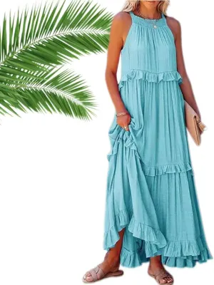 2024 Long Summer Dresses For Women Sleeveless Halter Maxi Dress Casual Flowy Ruffle Sundress Boho Flowy Maxi Dresss