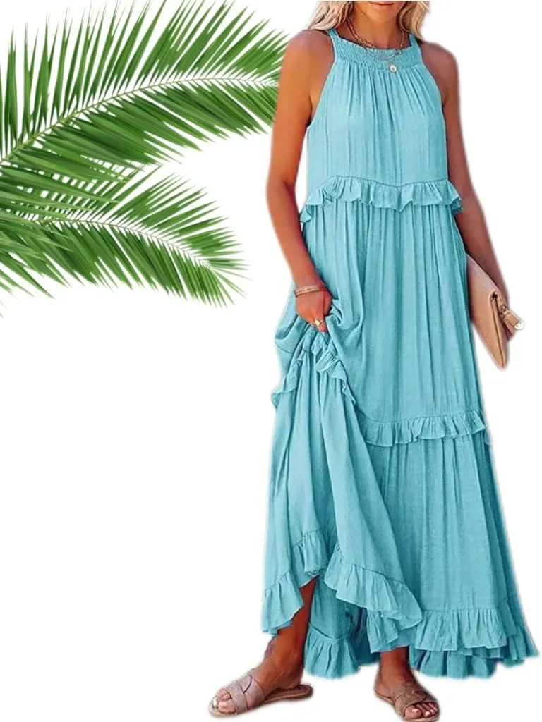2024 Long Summer Dresses For Women Sleeveless Halter Maxi Dress Casual Flowy Ruffle Sundress Boho Flowy Maxi Dresss