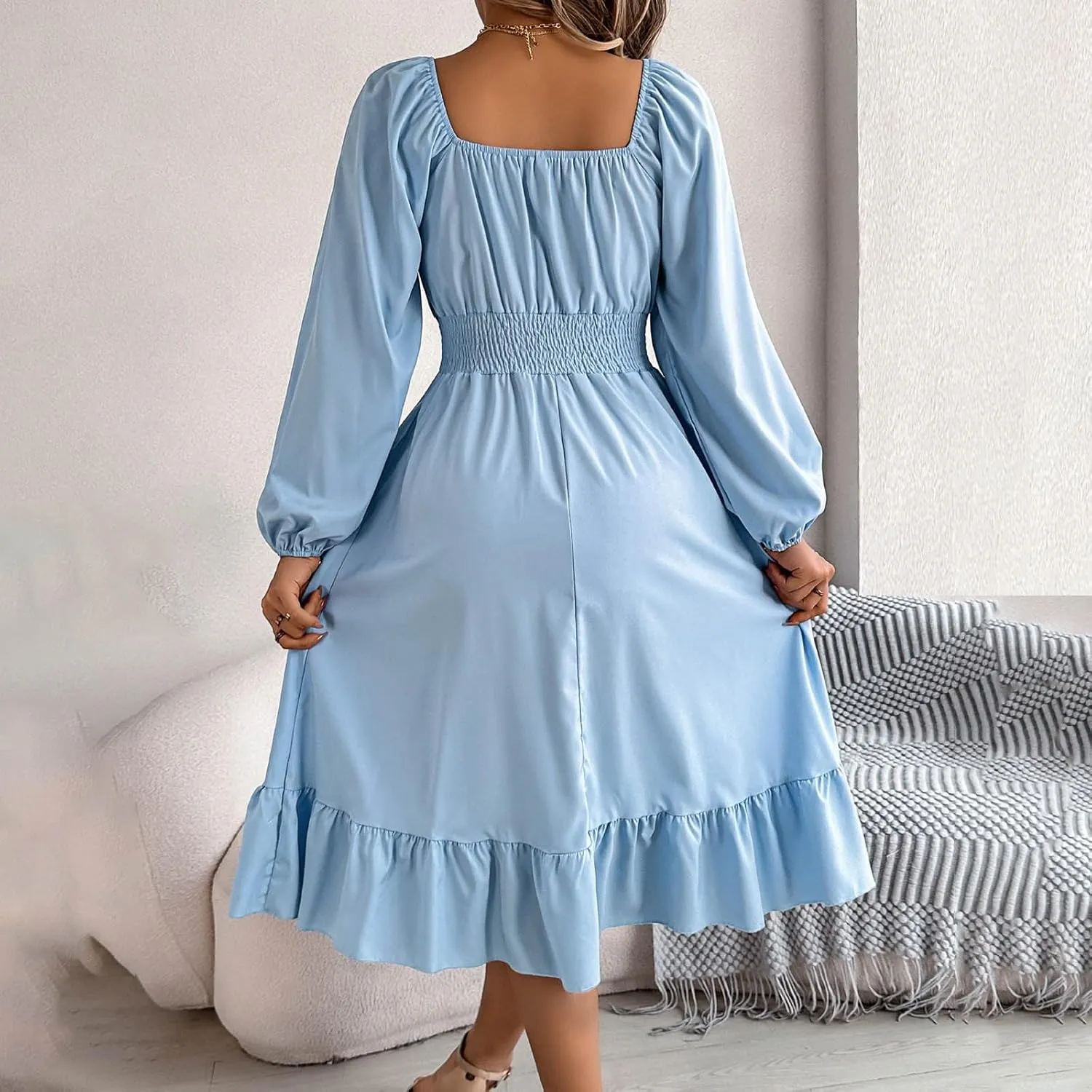 2025 Women Summer Dress Long Lantern Sleeve Square Neck Backless Sexy Dress Ruffle Elastic Waist A-Line Mini Dresses