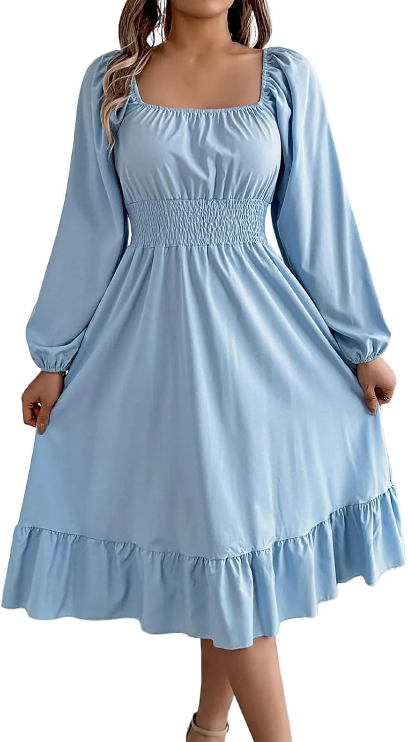 2025 Women Summer Dress Long Lantern Sleeve Square Neck Backless Sexy Dress Ruffle Elastic Waist A-Line Mini Dresses