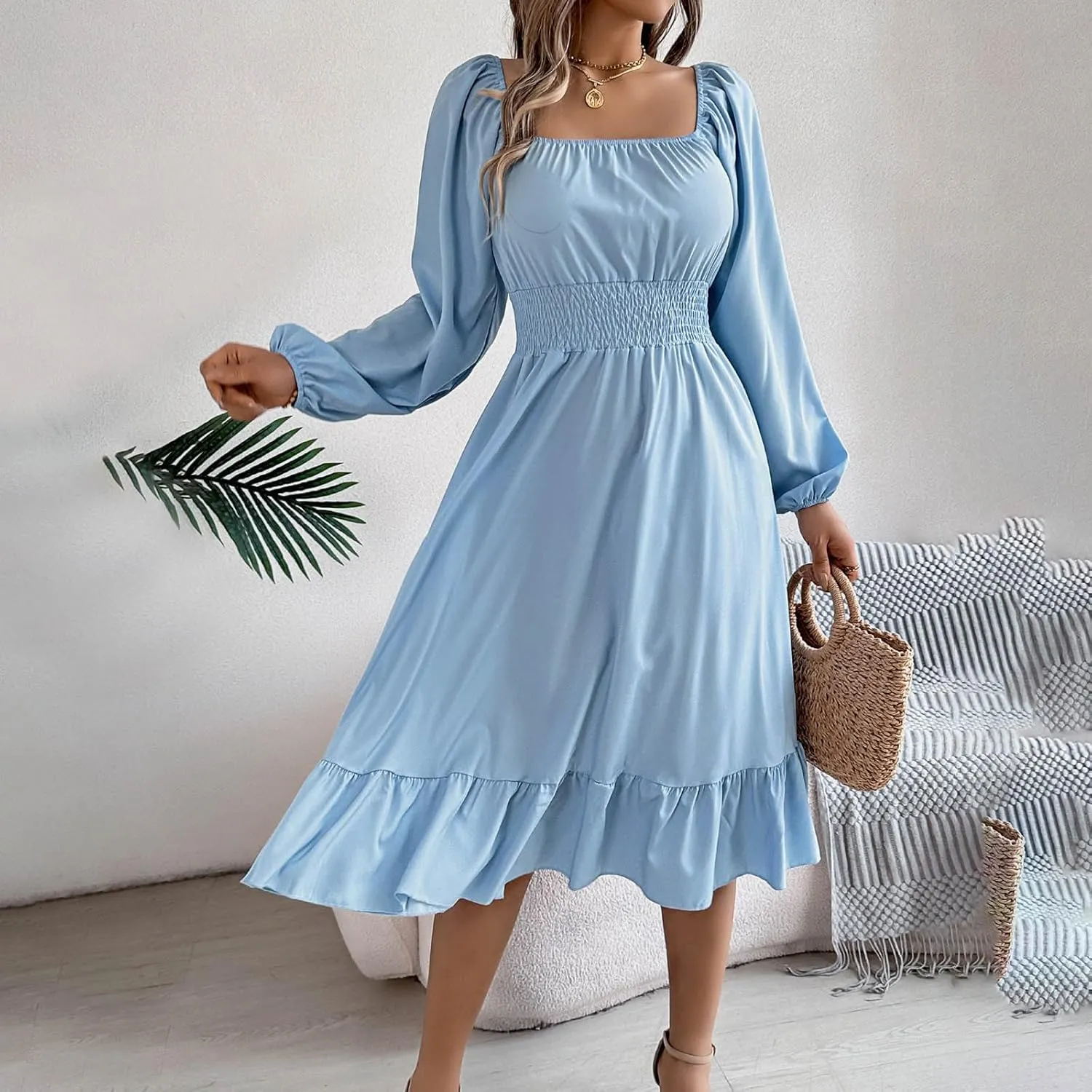 2025 Women Summer Dress Long Lantern Sleeve Square Neck Backless Sexy Dress Ruffle Elastic Waist A-Line Mini Dresses