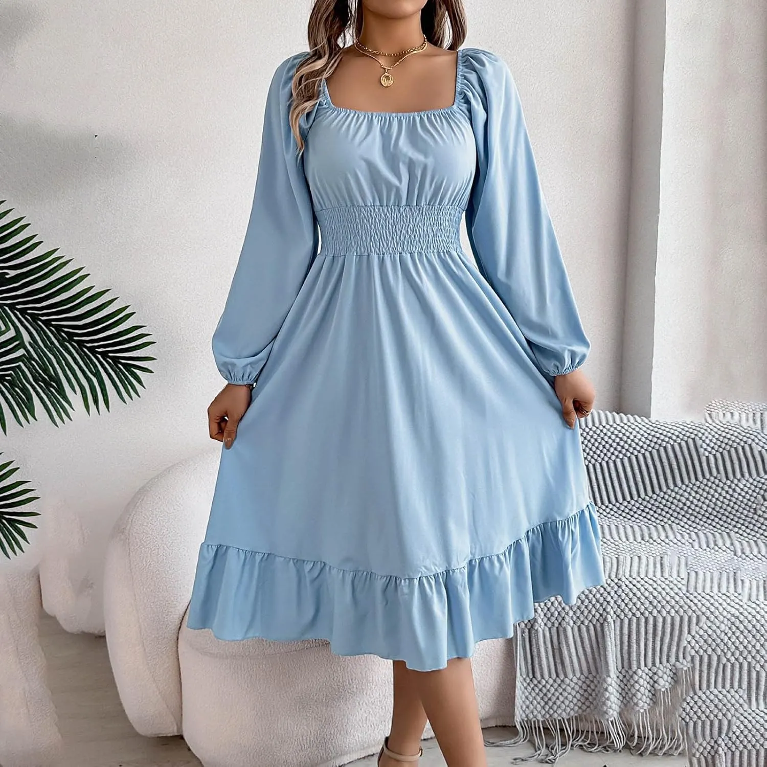 2025 Women Summer Dress Long Lantern Sleeve Square Neck Backless Sexy Dress Ruffle Elastic Waist A-Line Mini Dresses