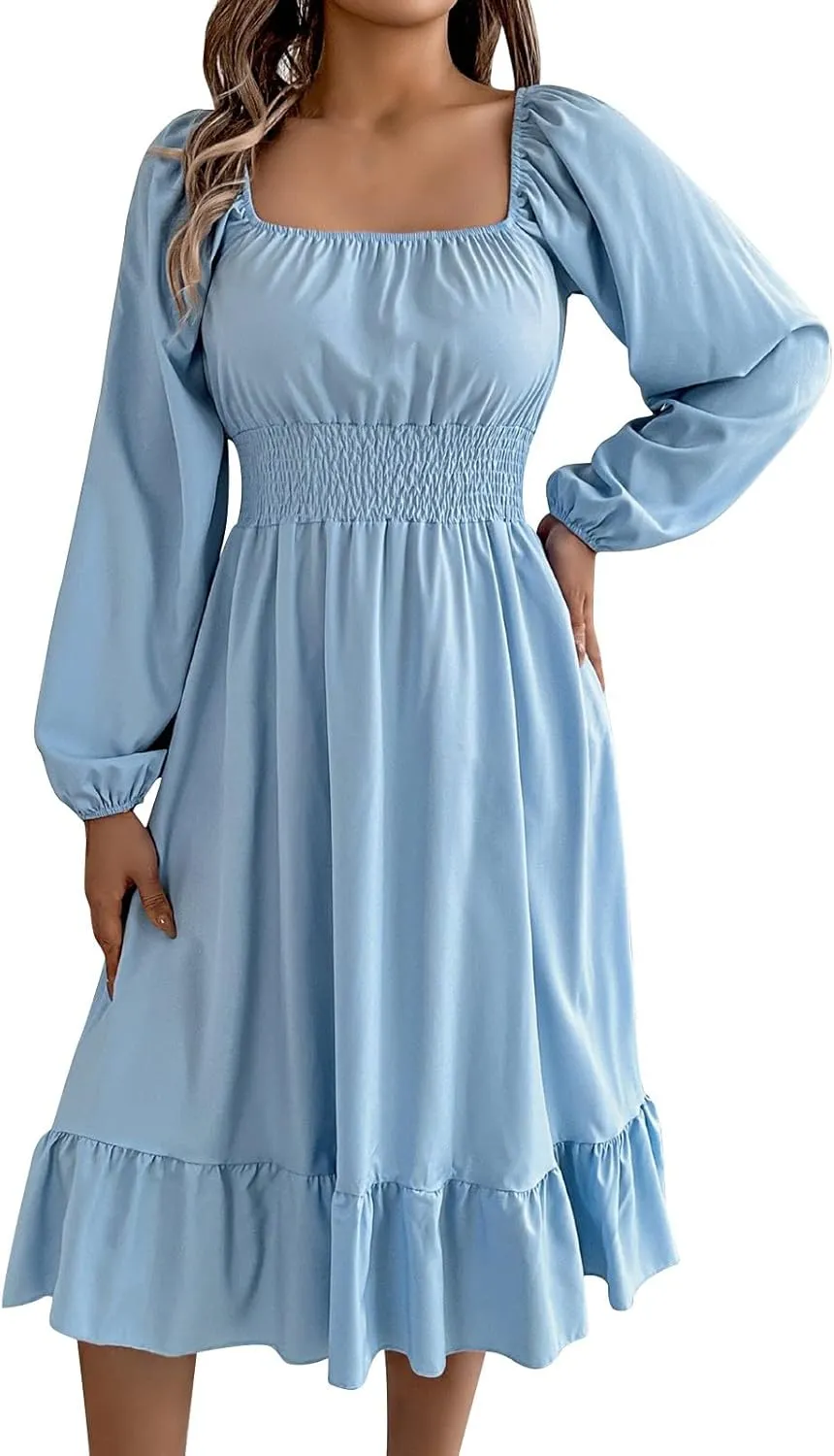 2025 Women Summer Dress Long Lantern Sleeve Square Neck Backless Sexy Dress Ruffle Elastic Waist A-Line Mini Dresses