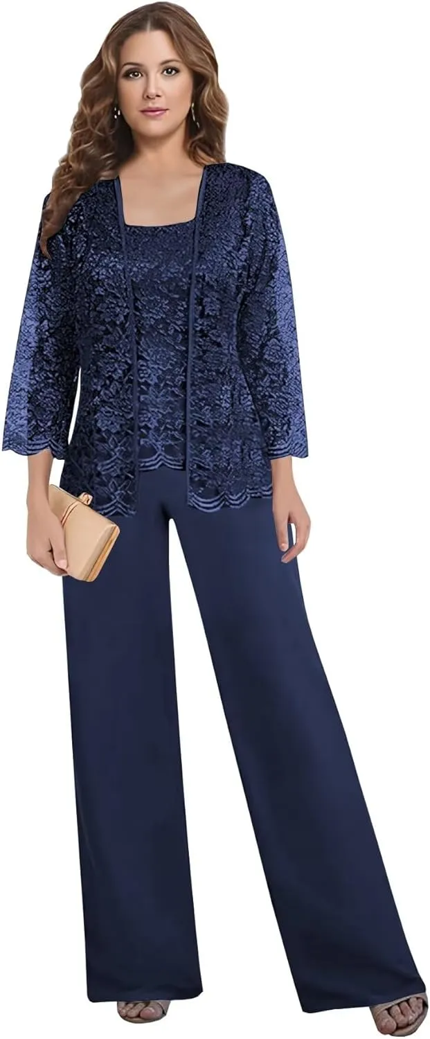 3 PCS Mother of The Bride Pant Suits for Women Dressy Wedding 2025 Chiffon Lace Formal Evening Party Outfits