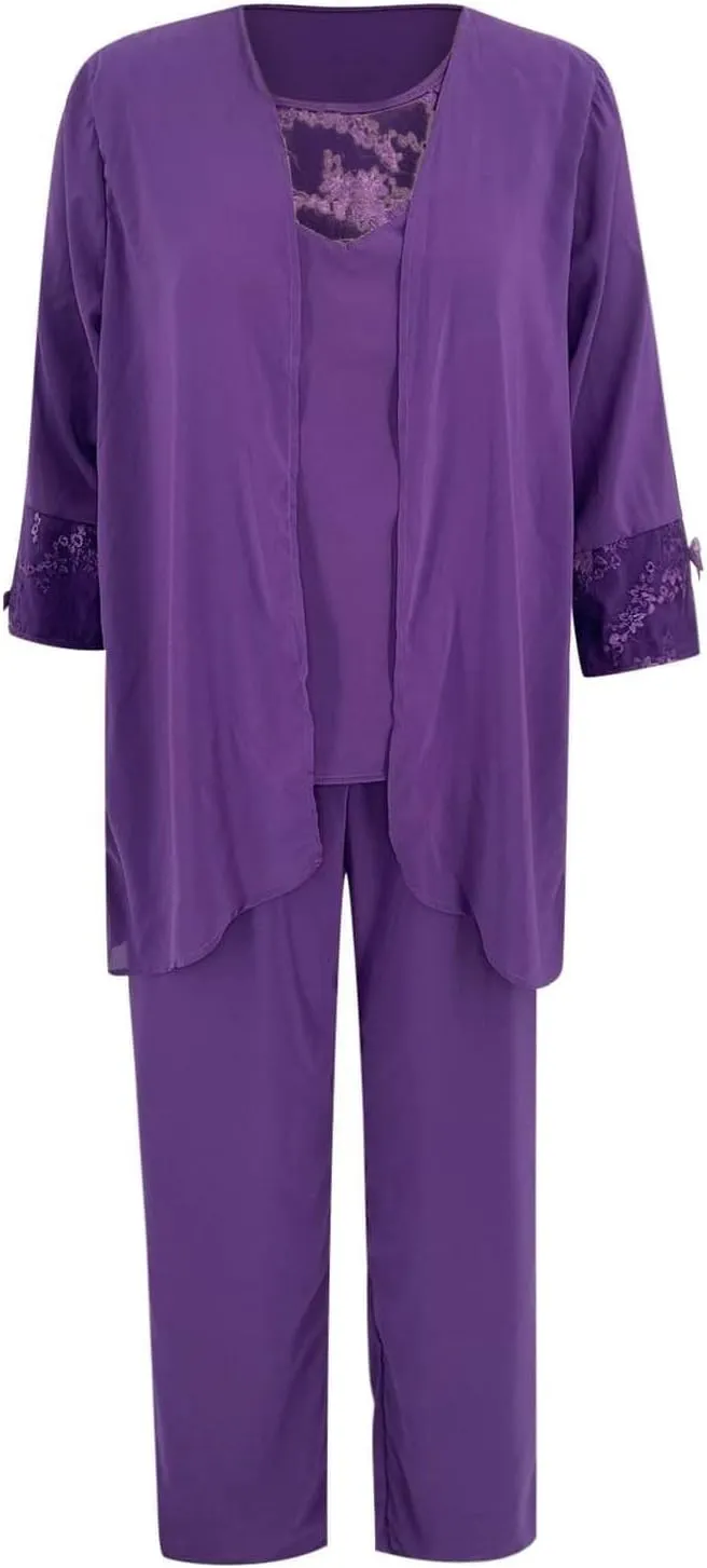 3 Pieces Formal Outfit Set Mother of The Bride Pant Suits Chiffon Lace Applique Special Occasion Wear
