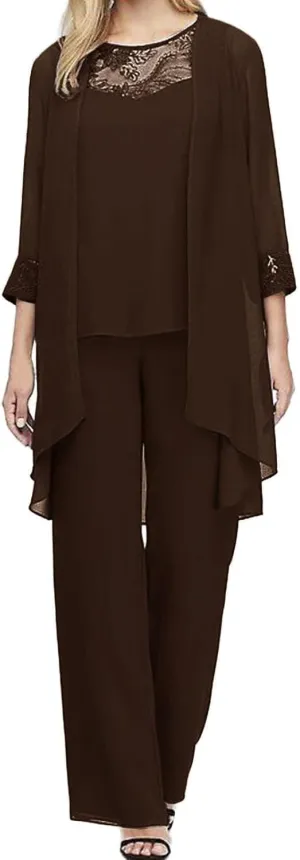 3 Pieces Formal Outfit Set Mother of The Bride Pant Suits Chiffon Lace Applique Special Occasion Wear