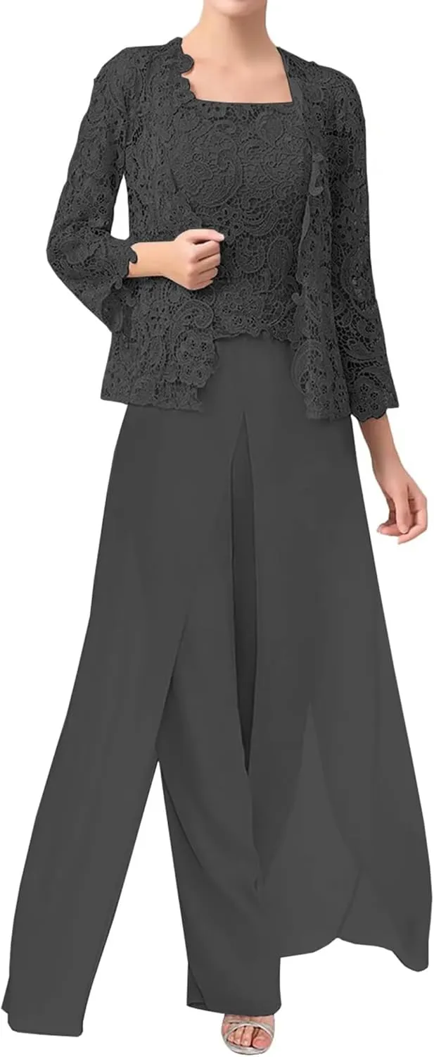 3 Pieces Mother of The Bride Dresses Pant Suits Chiffon Laces Jacket Mother Groom Dresses for Wedding