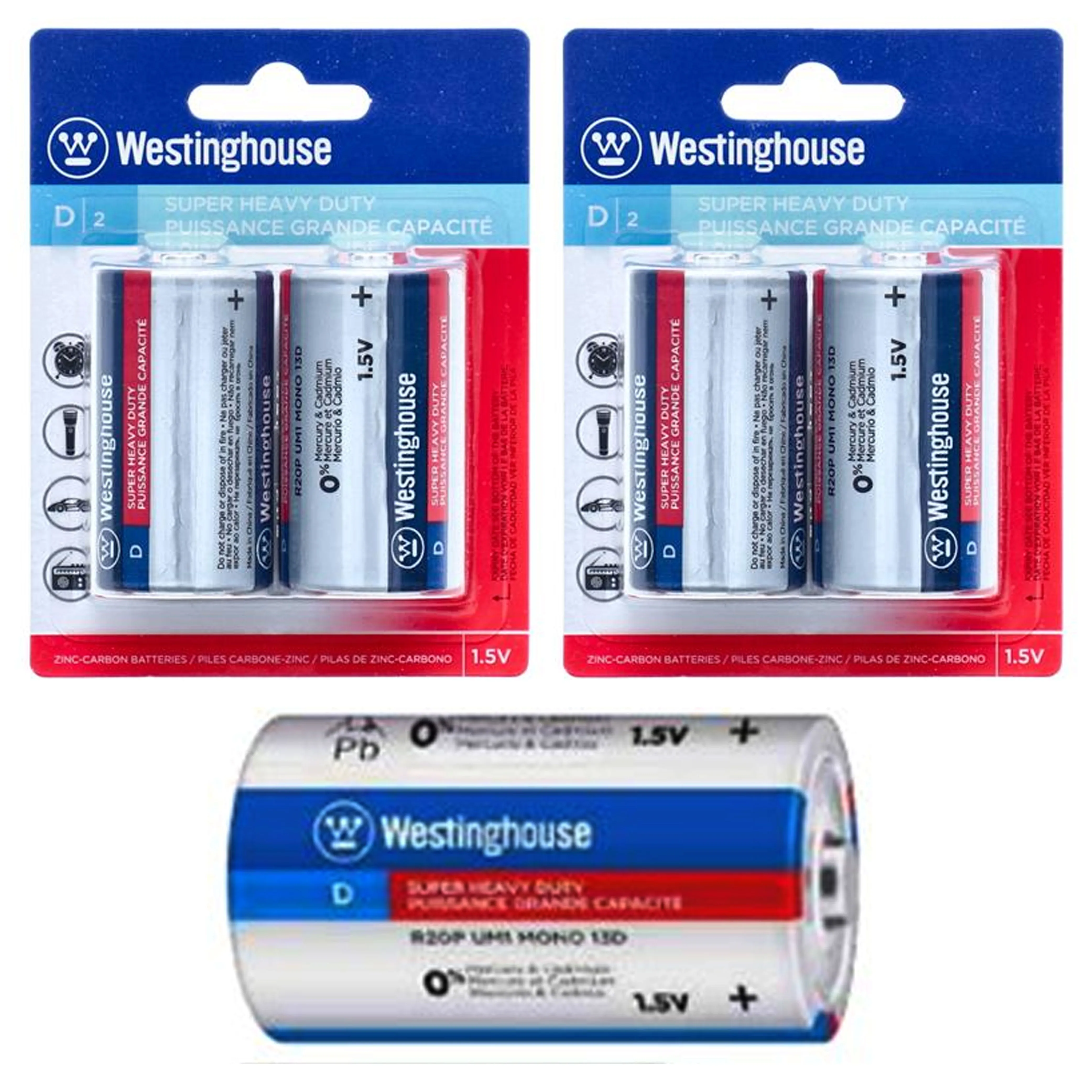 4 Pc Super Heavy Duty Size D Batteries 1.5V Zinc Carbon Long Lasting Power
