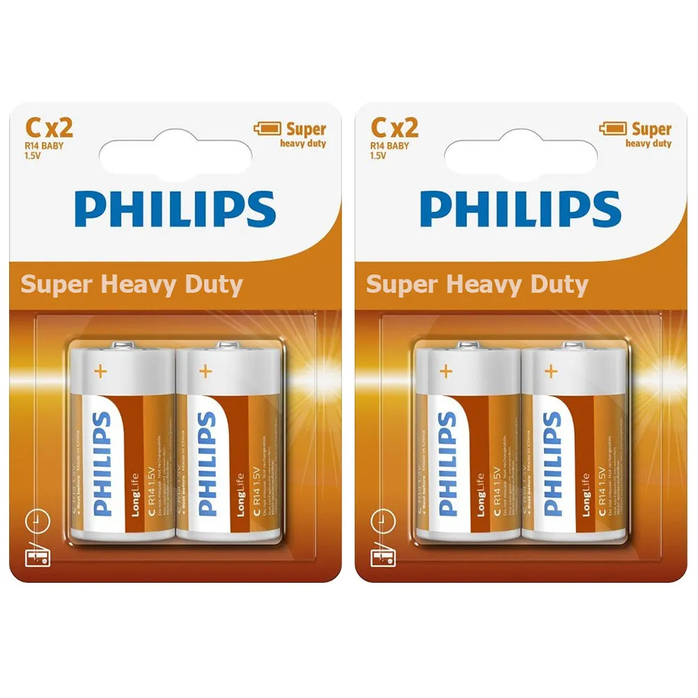 4 Pcs Philips C Batteries 1.5V R14 Zinc Chloride Battery Clocks Control