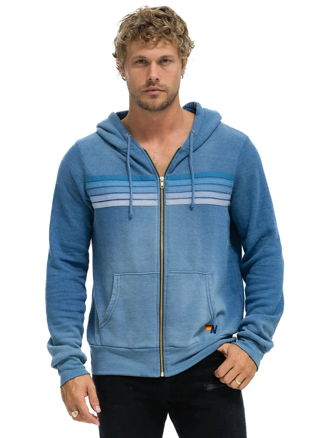 5 Stripe Zip Hoodie - Faded Water