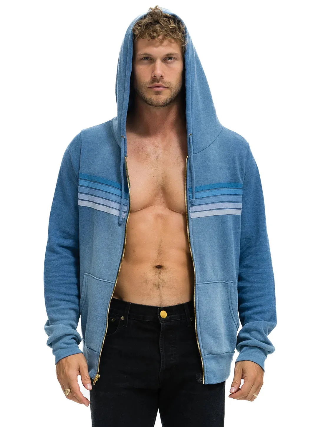 5 Stripe Zip Hoodie - Faded Water