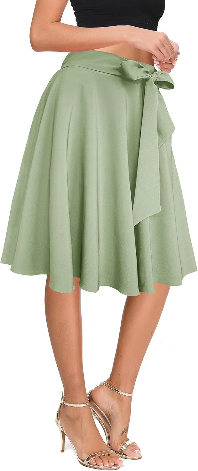 Afibi Womens Vintage High Waist A-Line Skater Skirt Flared Midi Skirt with Pockets