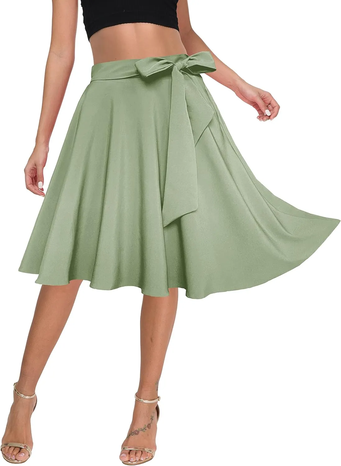 Afibi Womens Vintage High Waist A-Line Skater Skirt Flared Midi Skirt with Pockets