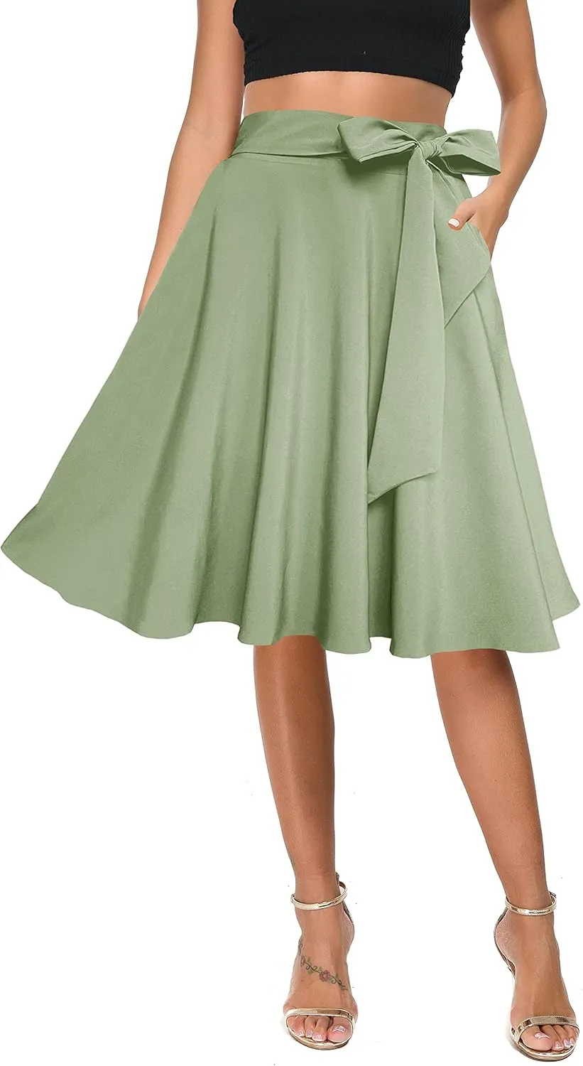 Afibi Womens Vintage High Waist A-Line Skater Skirt Flared Midi Skirt with Pockets