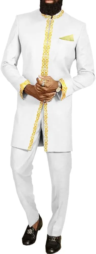 African Suit for Men Jacket and Trousers 2 Piece Set Dashiki Blazer with Kerchief Bazin Riche Kaftan Wedding Evening