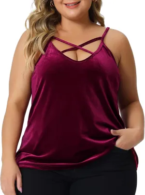Agnes Orinda Plus Size Camis for Women Criss Cross V Neck Spaghetti Strap Cami Velvet Tank Top