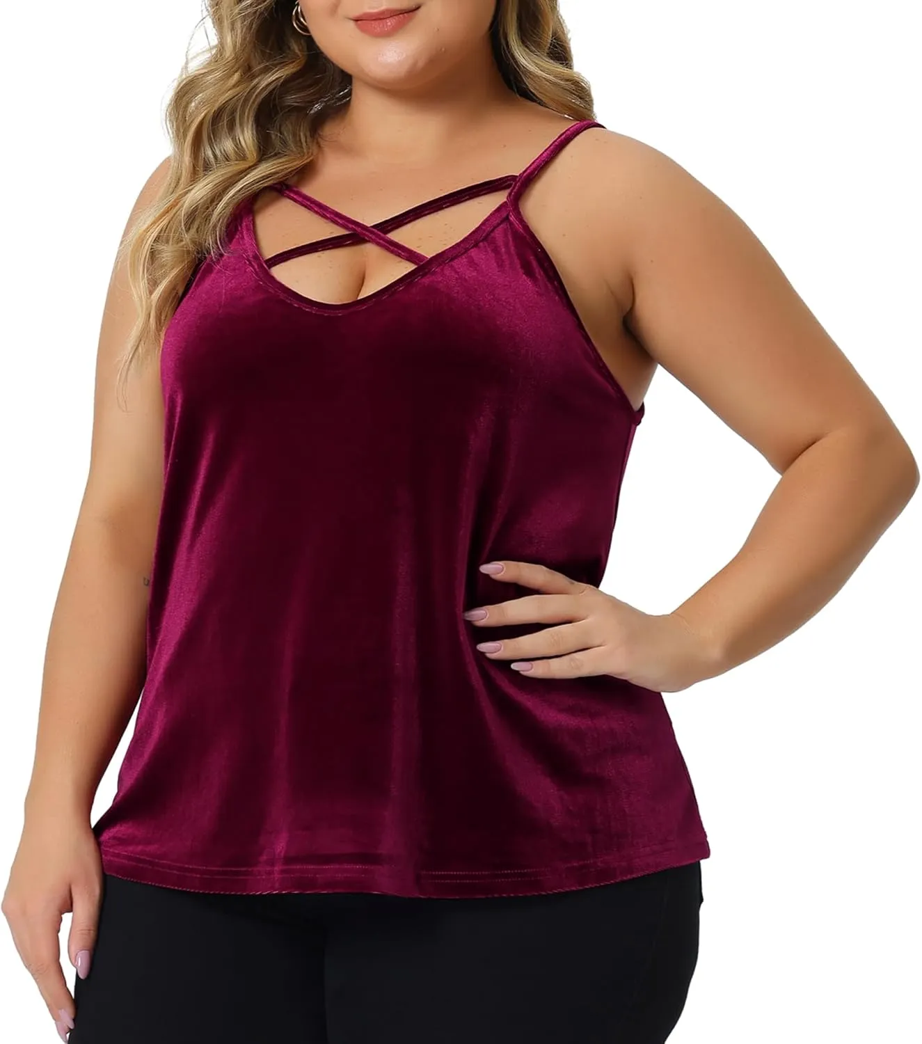 Agnes Orinda Plus Size Camis for Women Criss Cross V Neck Spaghetti Strap Cami Velvet Tank Top