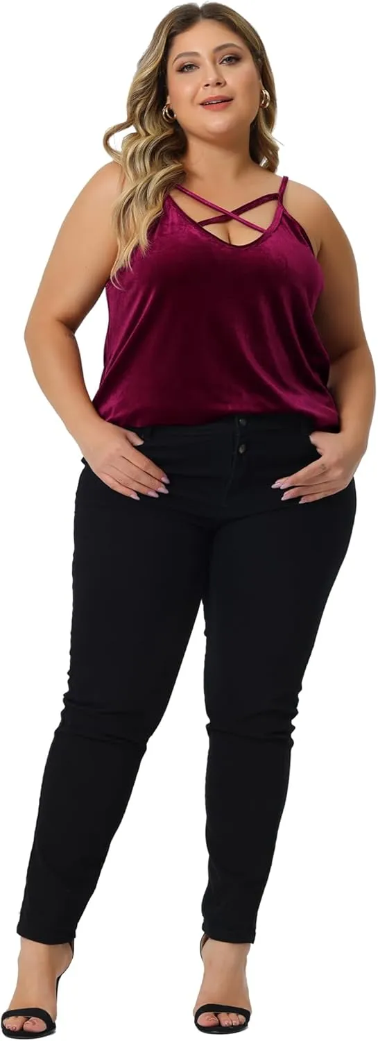Agnes Orinda Plus Size Camis for Women Criss Cross V Neck Spaghetti Strap Cami Velvet Tank Top