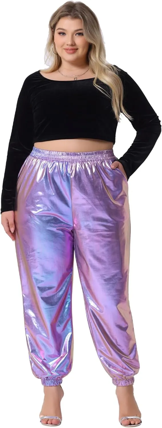 Agnes Orinda Plus Size Jogger Pants for Women Metallic Shiny High Waist Stretchy Wear Holographic Trousers Sweatpant