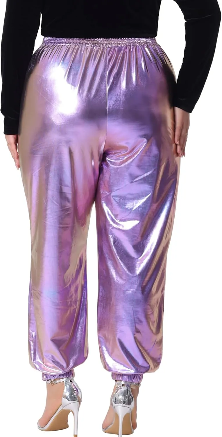 Agnes Orinda Plus Size Jogger Pants for Women Metallic Shiny High Waist Stretchy Wear Holographic Trousers Sweatpant