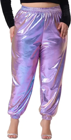 Agnes Orinda Plus Size Jogger Pants for Women Metallic Shiny High Waist Stretchy Wear Holographic Trousers Sweatpant