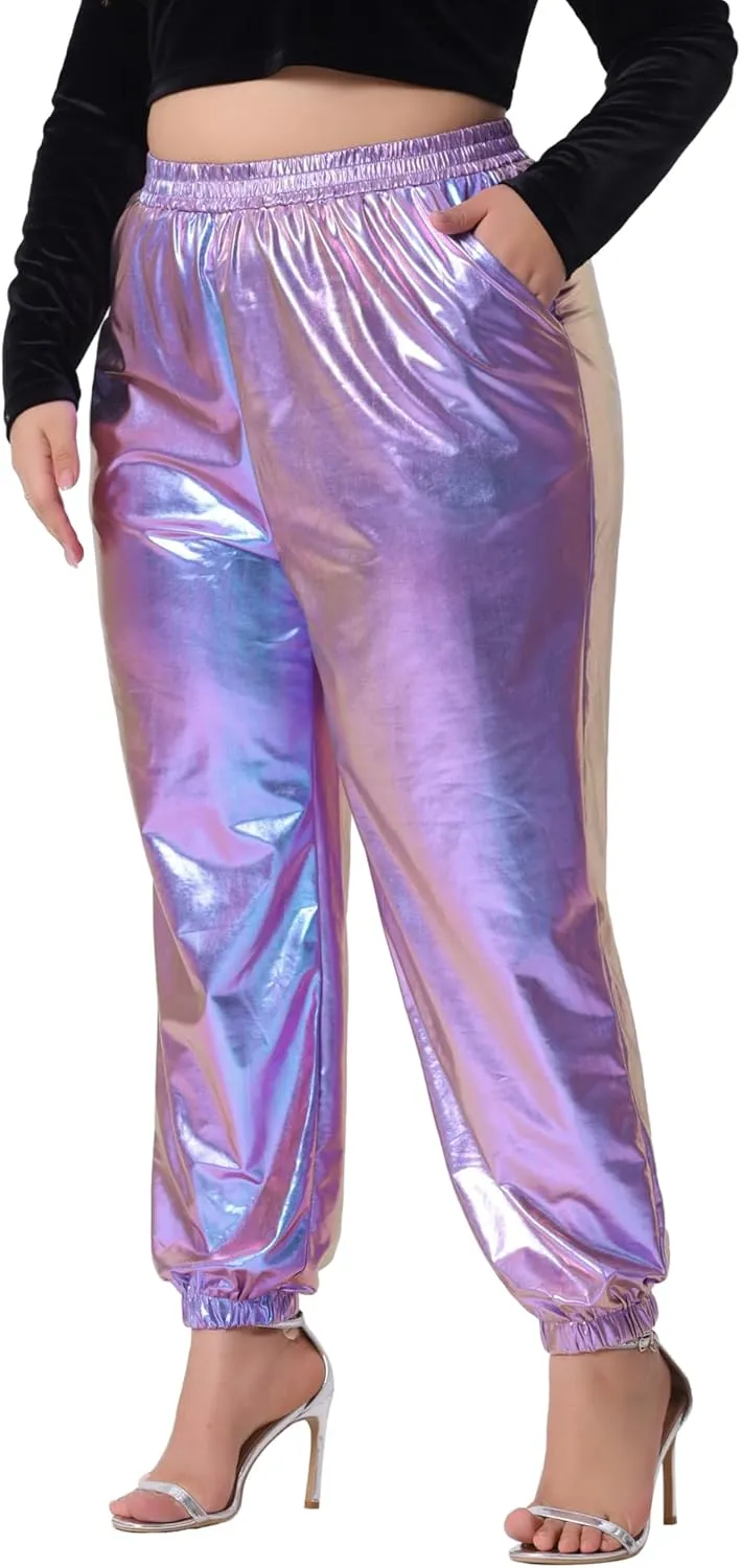 Agnes Orinda Plus Size Jogger Pants for Women Metallic Shiny High Waist Stretchy Wear Holographic Trousers Sweatpant
