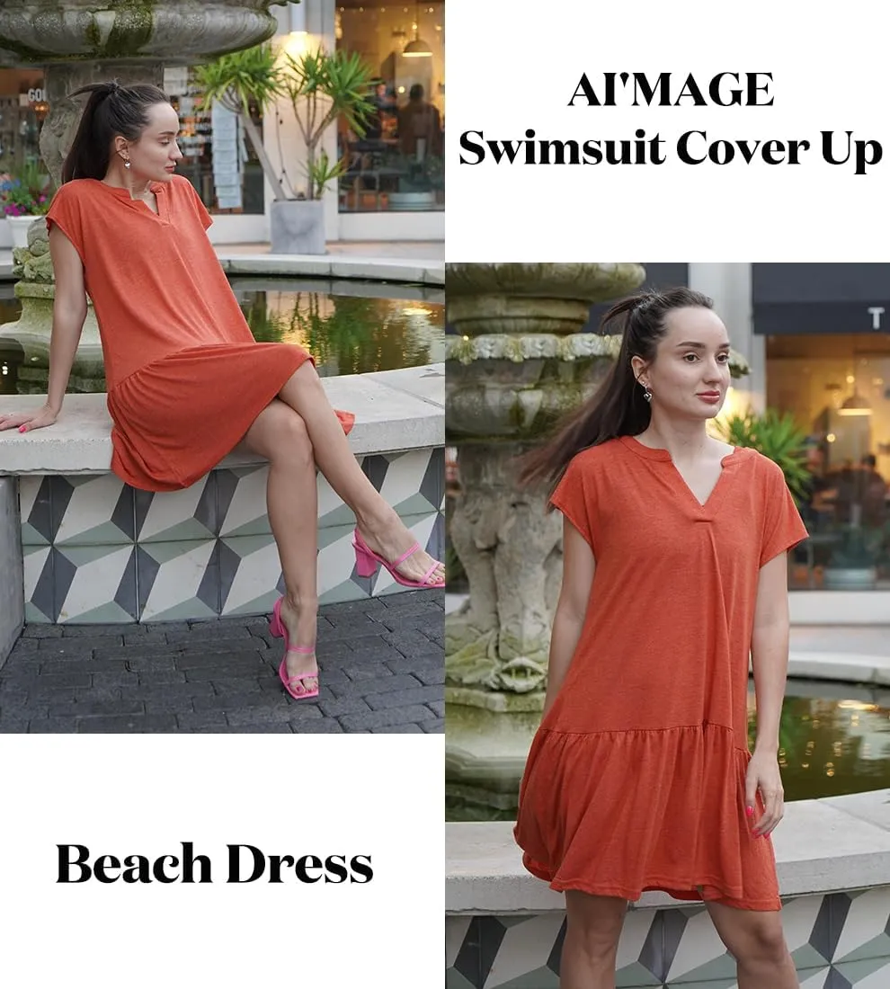 AI'MAGE Womens Swimsuit Coverups Bikini Beach Swimwear Cover Up V Neck Bathing Suit Cover Up Dress A-line Beach Dress