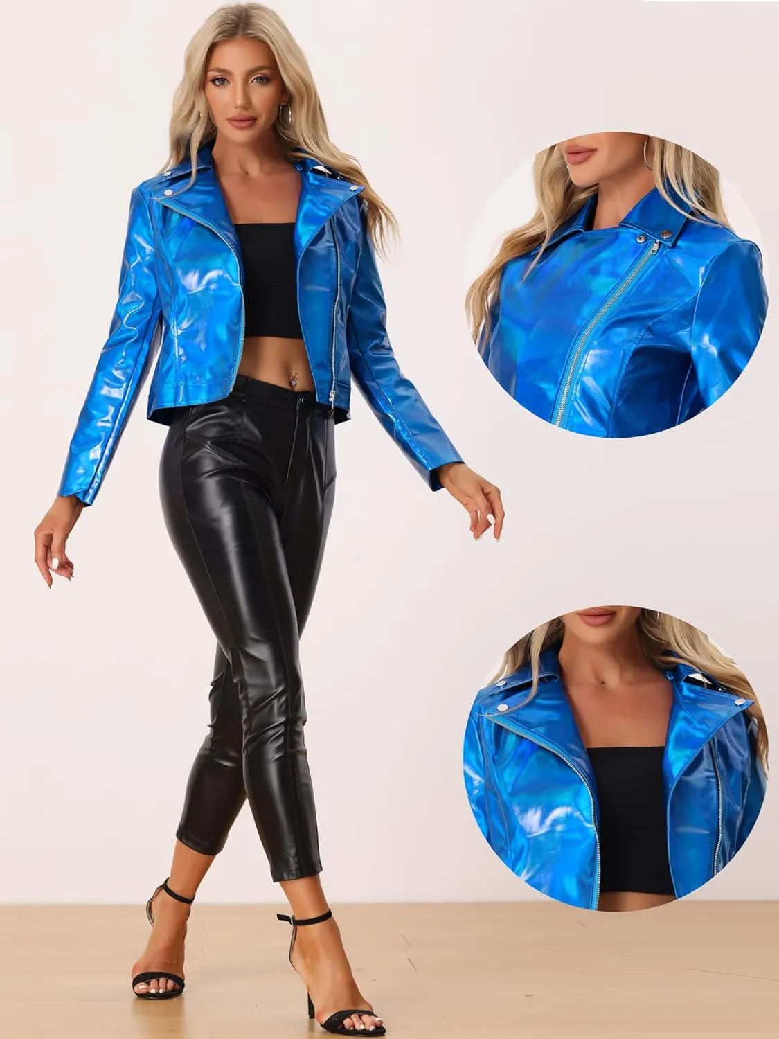 Allegra K Holographic Metallic Jacket for Women's Biker Shiny Jacket
