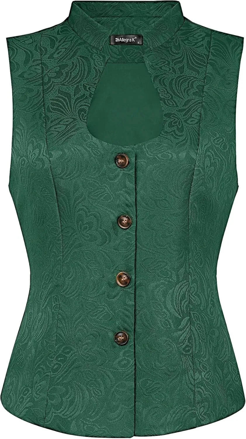 Allegra K Vintage Suit Waistcoat for Women's Gothic Blazer Sleeveless Steampunk Jacquard Dressy Vest