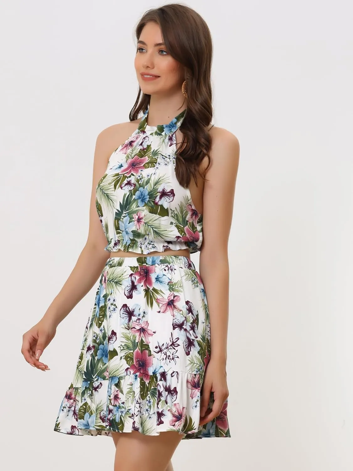 Allegra K Women's 2 Piece Outfits Floral Halter Neck Sleeveless Crop Top with Short Skirt Set