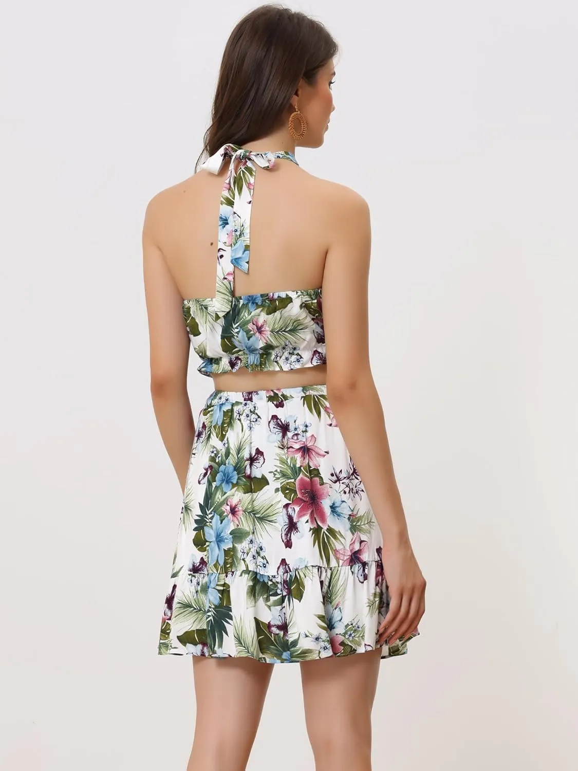 Allegra K Women's 2 Piece Outfits Floral Halter Neck Sleeveless Crop Top with Short Skirt Set