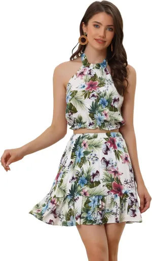 Allegra K Women's 2 Piece Outfits Floral Halter Neck Sleeveless Crop Top with Short Skirt Set