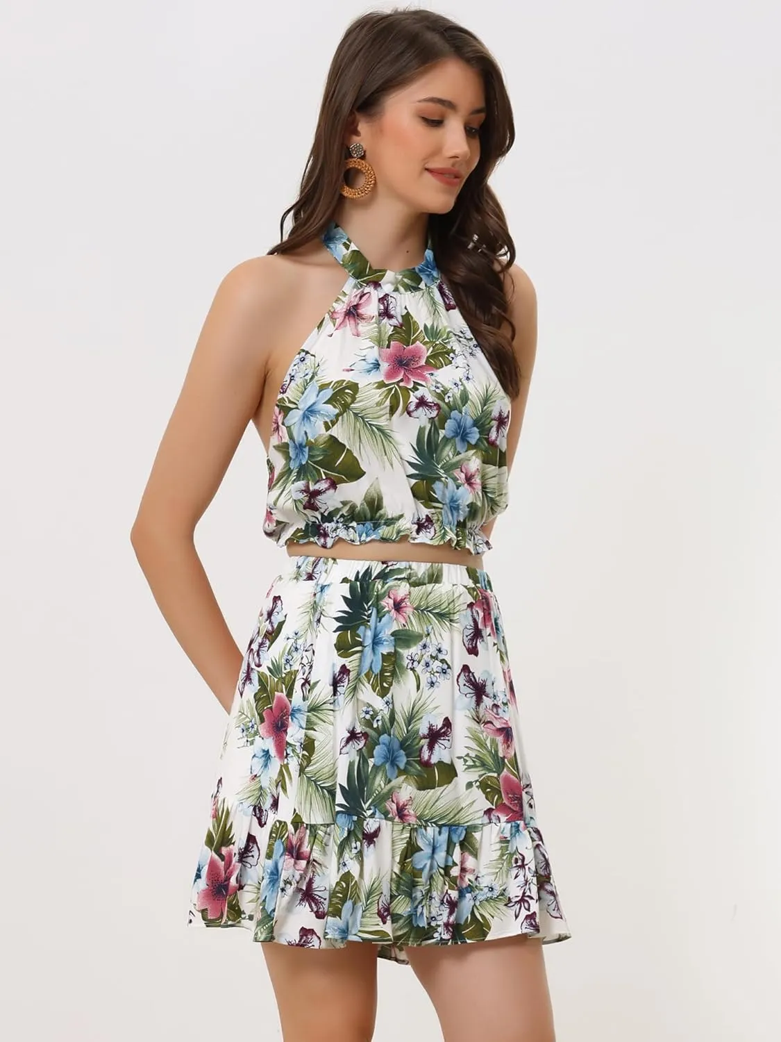 Allegra K Women's 2 Piece Outfits Floral Halter Neck Sleeveless Crop Top with Short Skirt Set