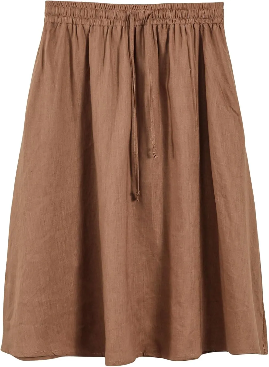 Amazhiyu Womens Pure Linen A Line Pleated Midi Skirt Elastic Waist with Pockets