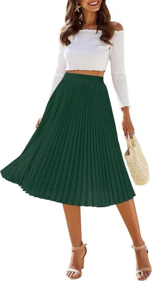 Amoretu Women's Basic Midi Skirts Loose Fit A-Line Pleated Daily Skirt, Green L