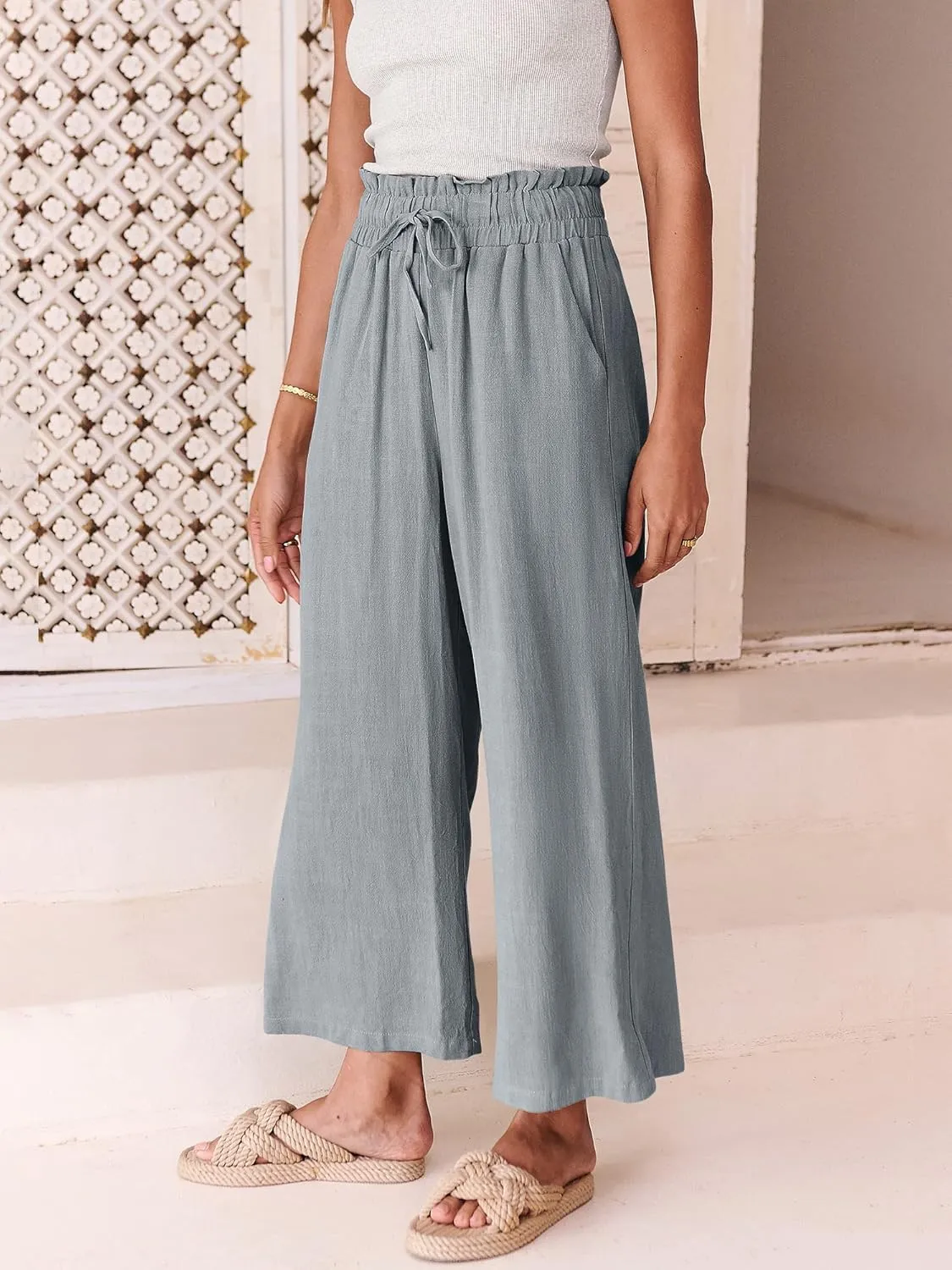 ANRABESS Women Linen Pants Casual Loose High Waist Boho Wide Leg Cropped Palazzo Beach Pants Summer Outfits 2025 Trendy
