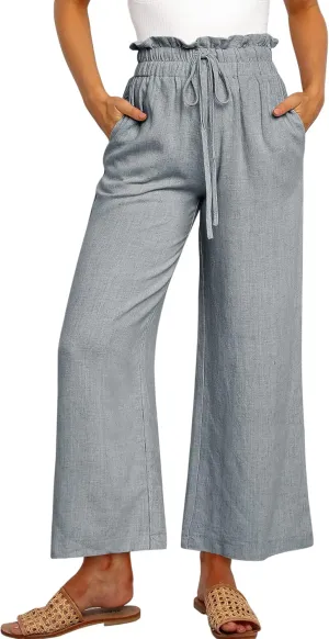ANRABESS Women Linen Pants Casual Loose High Waist Boho Wide Leg Cropped Palazzo Beach Pants Summer Outfits 2025 Trendy