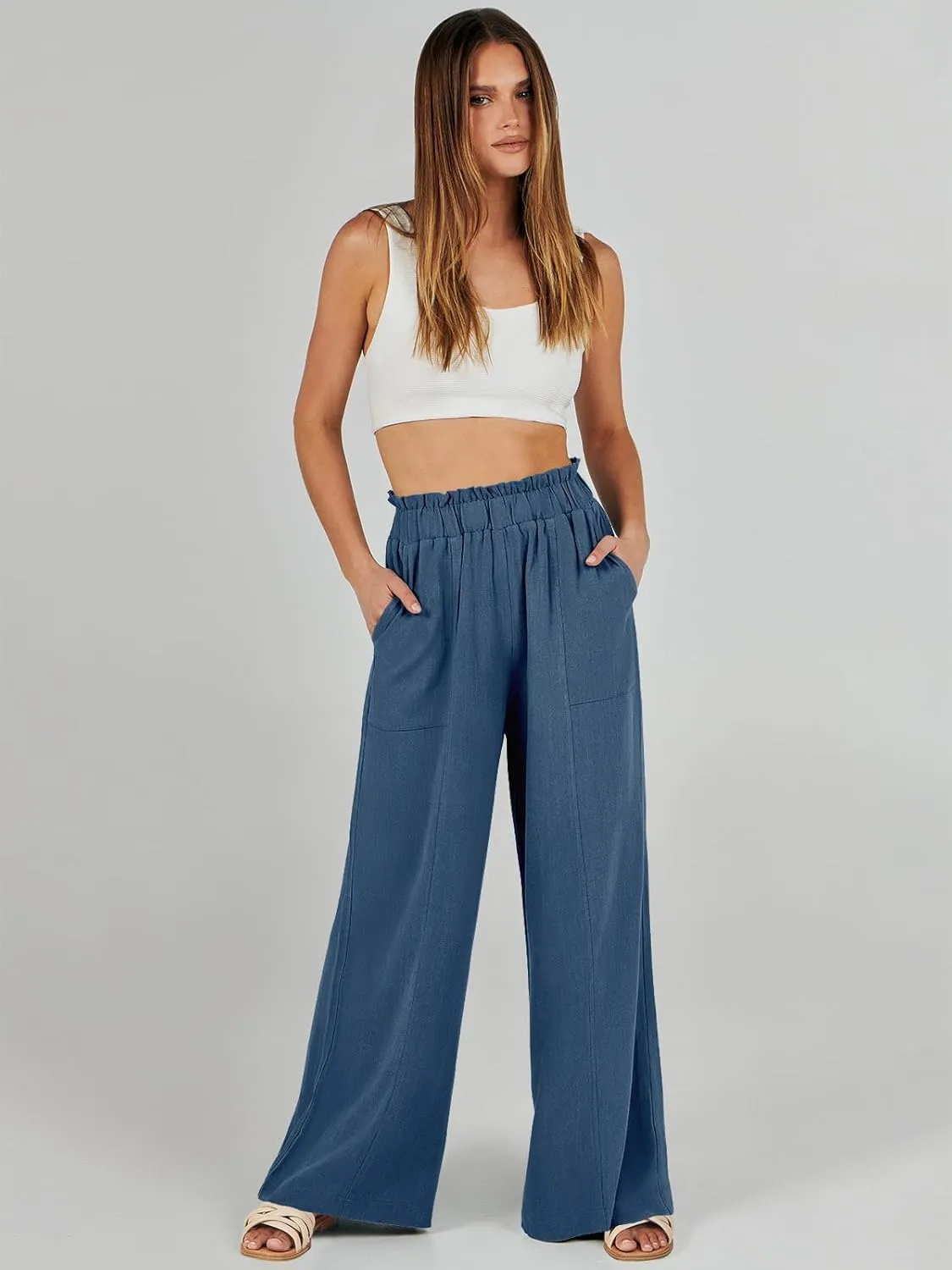 ANRABESS Womens Linen Pants 2025 Summer Casual Loose Wide Leg Palazzo Pants High Waist Flowy Beach Trousers Work Outfits