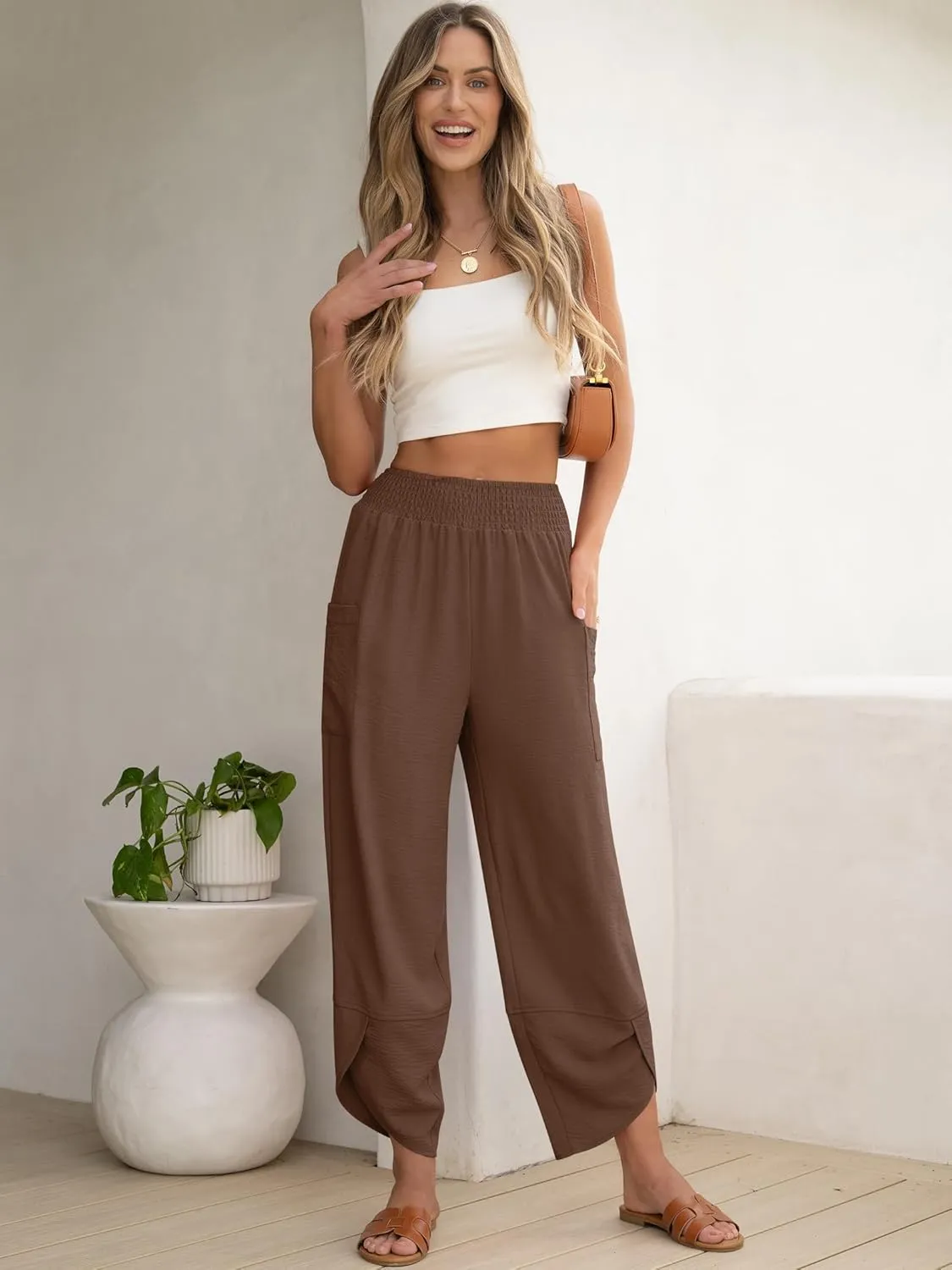 ANRABESS Womens Wide Leg Palazzo Capri Pants 2025 Summer Casual Loose High Waisted Lounge Flowy Cropped Beach Work Trousers