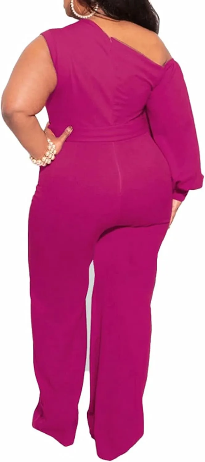 Aro Lora Women's Plus Size Sexy One Shoulder High Waist One Piece Pant Outfit Wide Leg Jumpsuit Romper