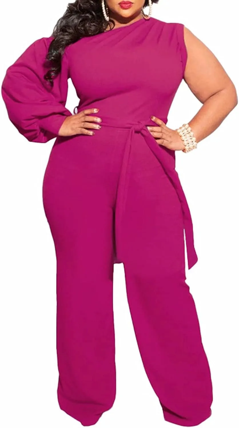 Aro Lora Women's Plus Size Sexy One Shoulder High Waist One Piece Pant Outfit Wide Leg Jumpsuit Romper