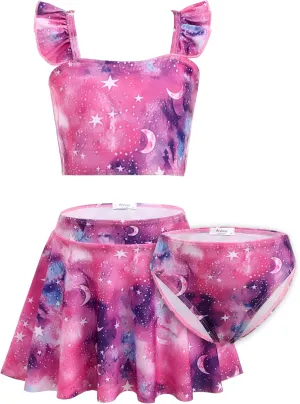 Arshiner Girls Swimsuit 3 Piece Bathing Suits Cute Bikini Tankini Sets Teen Ruffle Swimwear with Cover Up Skirt