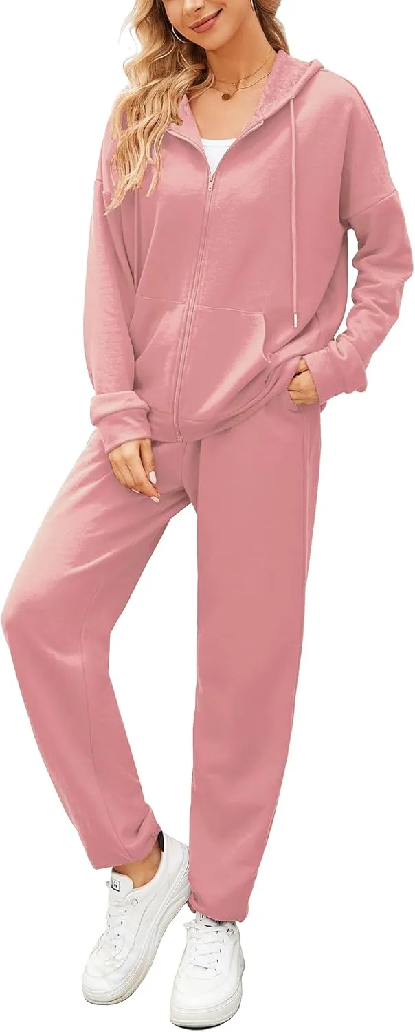 AUXDIO Women 2 Piece Outfits Tracksuit Casual Zip Up Hoodie Sweatsuits Jogging Long Pant Set
