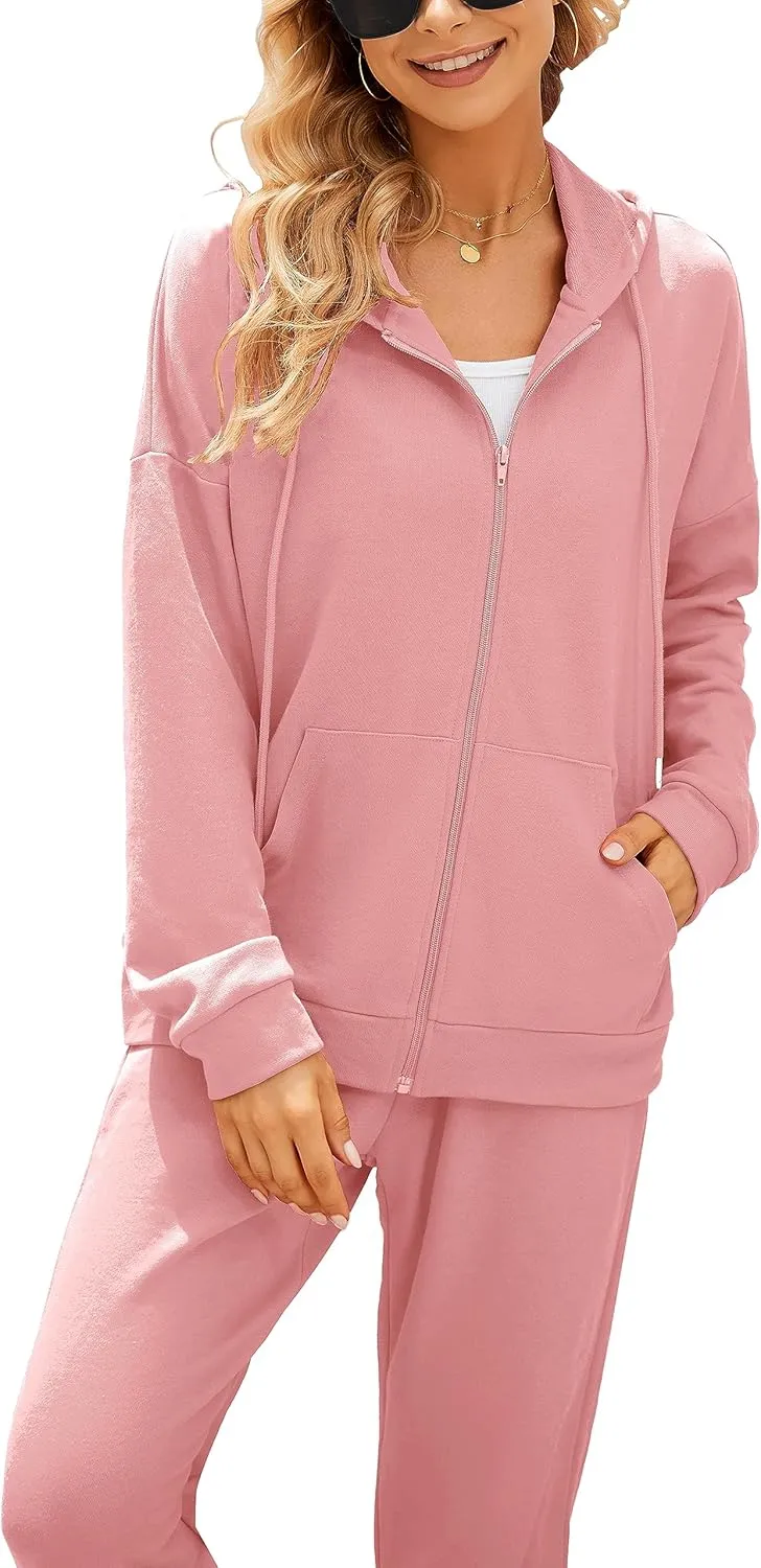 AUXDIO Women 2 Piece Outfits Tracksuit Casual Zip Up Hoodie Sweatsuits Jogging Long Pant Set