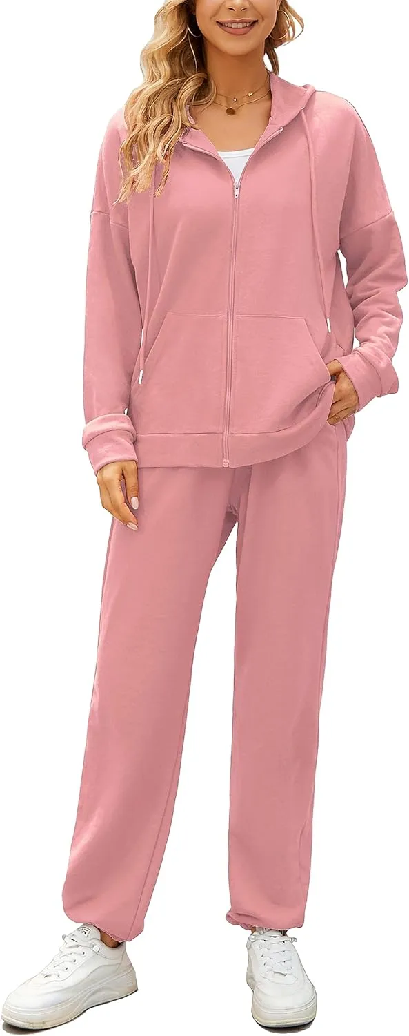 AUXDIO Women 2 Piece Outfits Tracksuit Casual Zip Up Hoodie Sweatsuits Jogging Long Pant Set