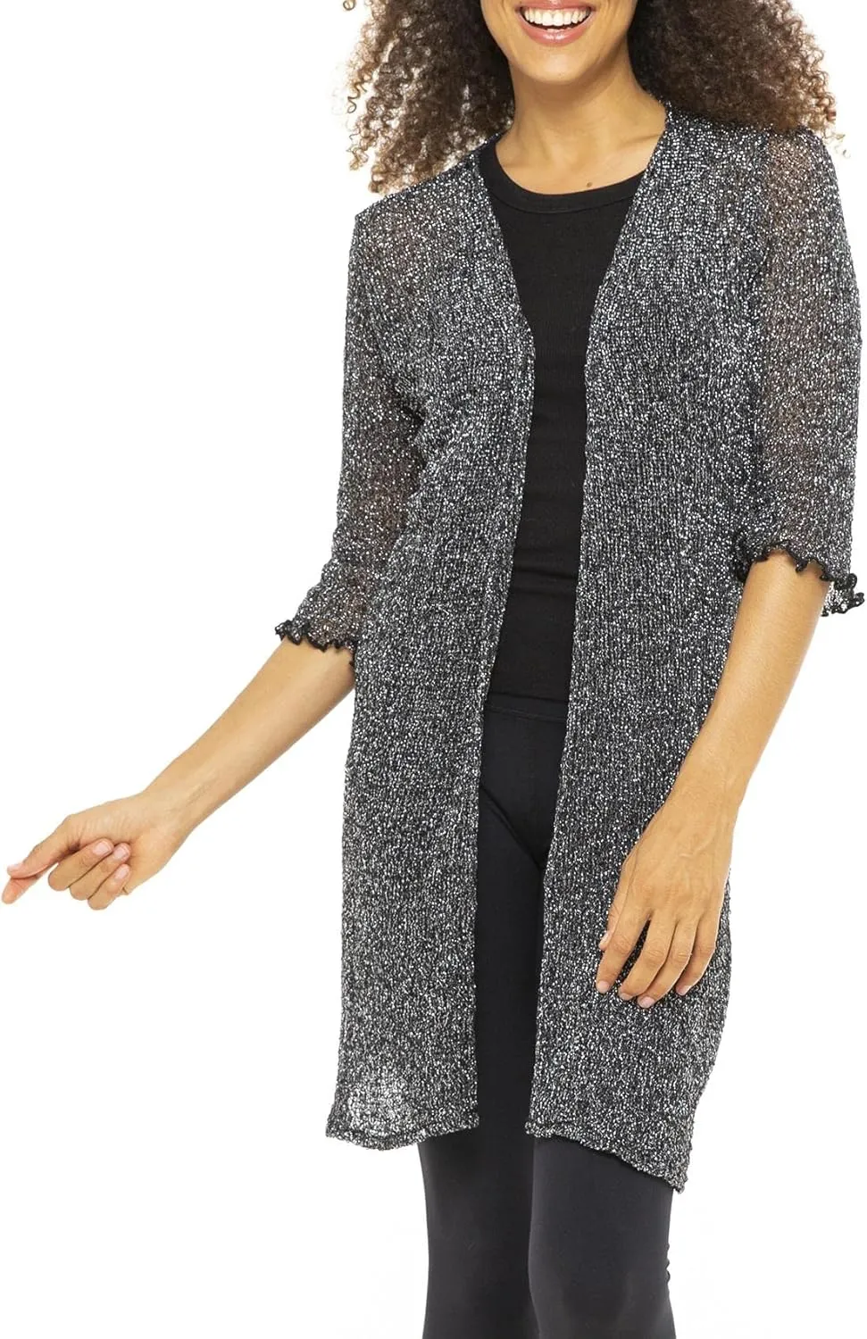 Back From Bali Womens Metallic Sheer Long Cardigan Open Front Shrug Lite Kimono Sweater Lightweight Knit