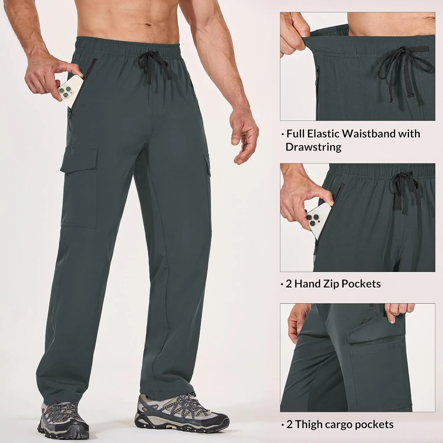 baleaf Men's Hiking Pants Water Resistant Cargo Quick Dry Travel Elastic Waist with Zip Pockets UPF 50  for Work Running