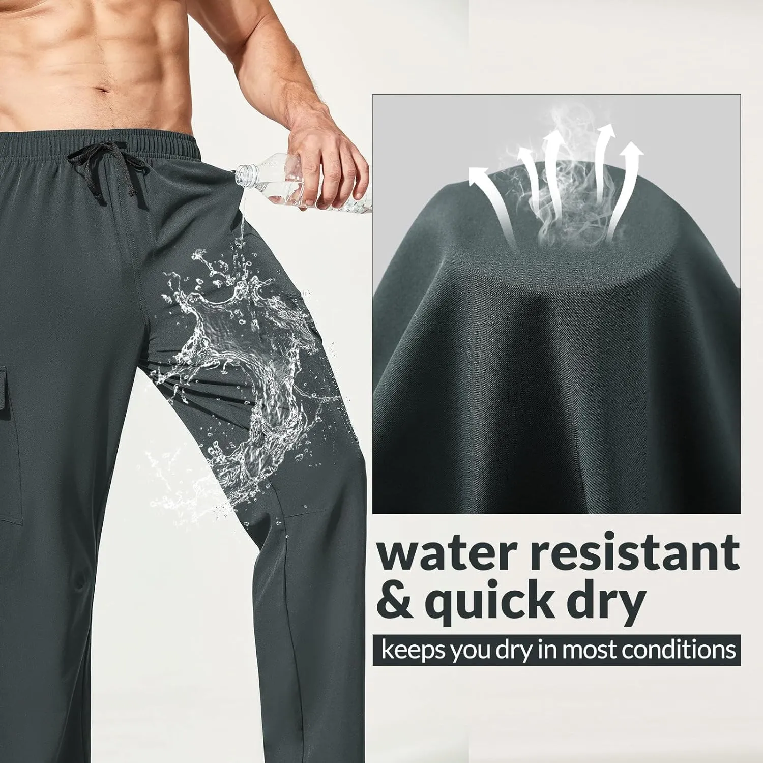 baleaf Men's Hiking Pants Water Resistant Cargo Quick Dry Travel Elastic Waist with Zip Pockets UPF 50  for Work Running