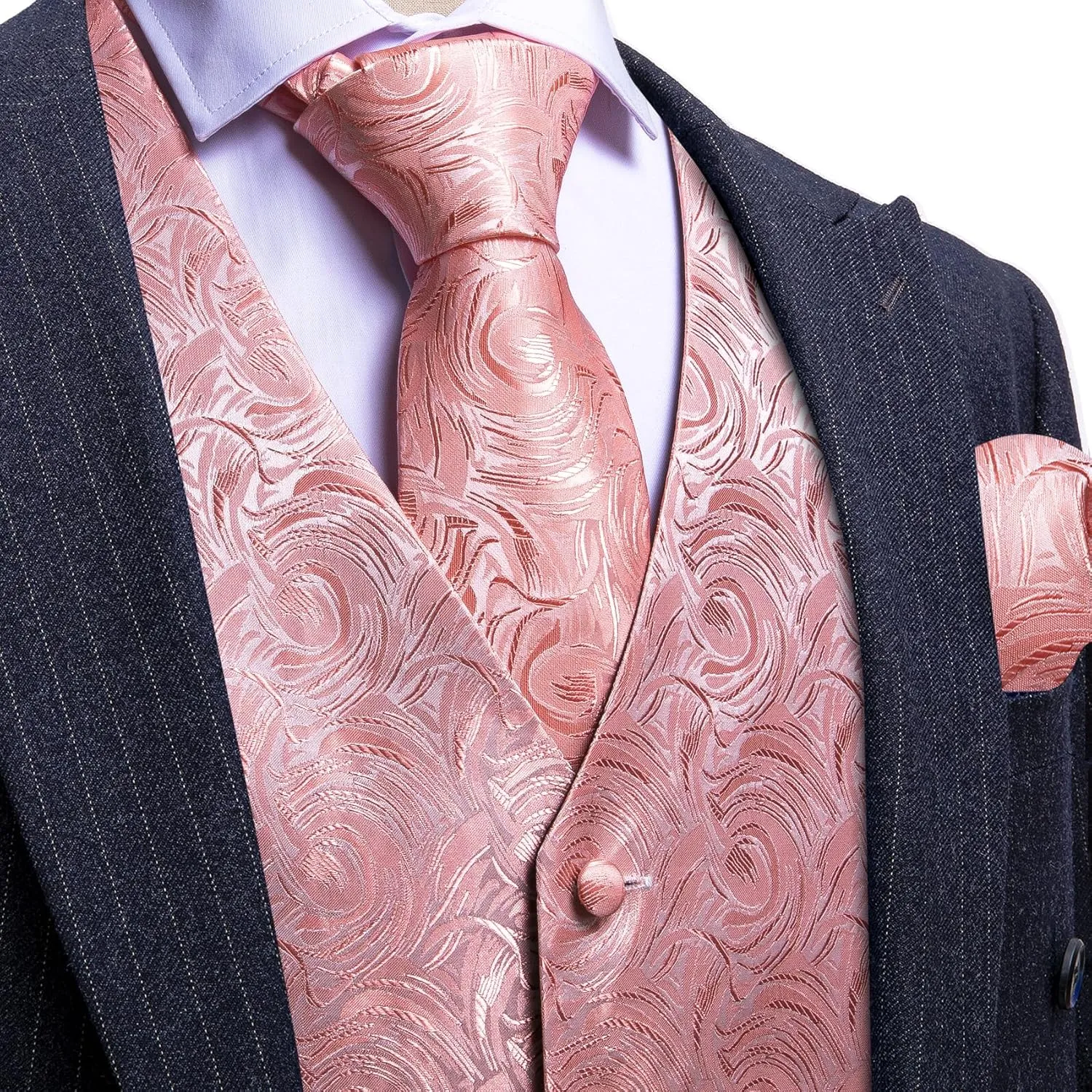 Barry.Wang Mens Paisley V-neck Suit Vest Formal/Leisure Silk Jacquard Waistcoat Tie Set 5PCS