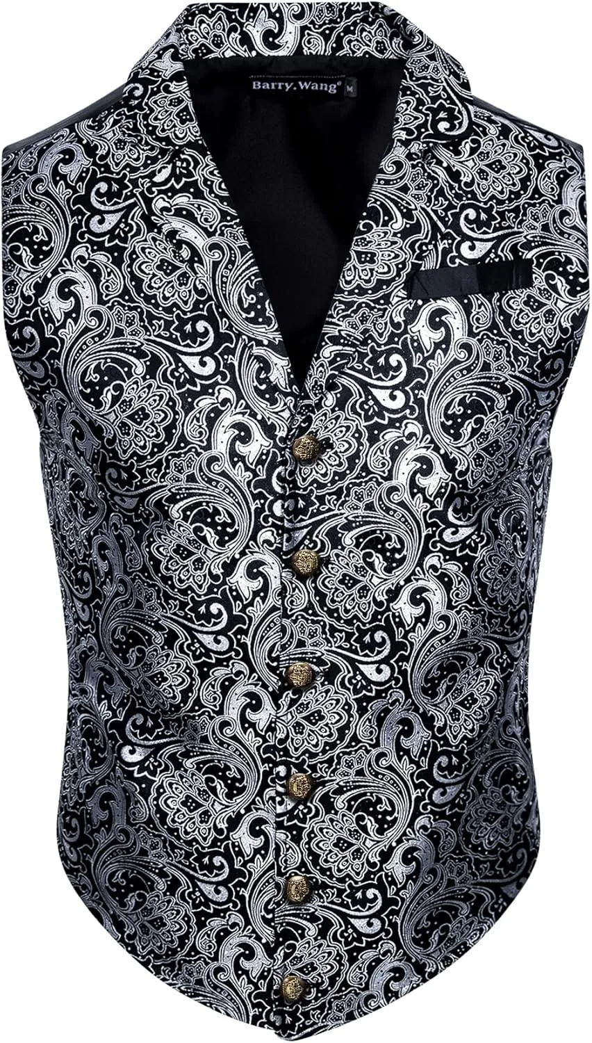 Barry.Wang Mens Victorian Suit Vest Lapel Collar Silk Paisley Steampunk Gothic Waistcoat Formal/Leisure Party
